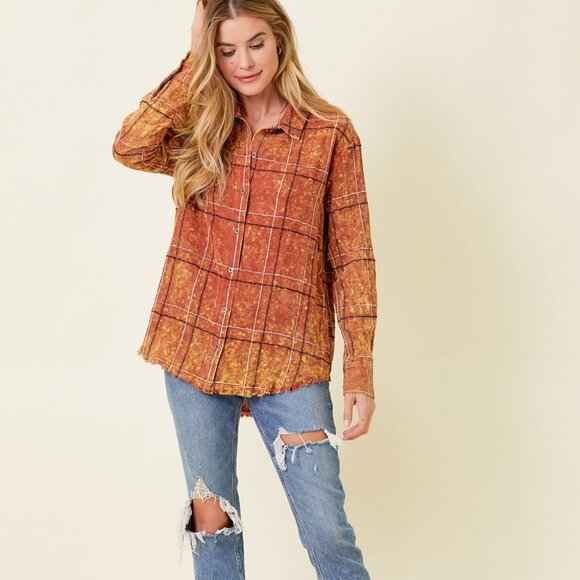 MYSTREE Rust Plaid Button Down Shirt, Distressed Hem Flannel Shirt - Picture 6 of 7